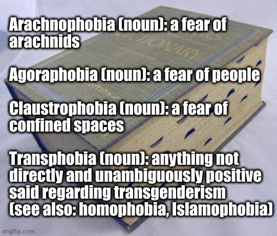 So what word describes a fear of transgenderism? | Arachnophobia (noun): a fear of
arachnids
 
Agoraphobia (noun): a fear of people
 
Claustrophobia (noun): a fear of
confined spaces
 
Transphobia (noun): anything not
directly and unambiguously positive
said regarding transgenderism
(see also: homophobia, Islamophobia) | image tagged in dictionary | made w/ Imgflip meme maker