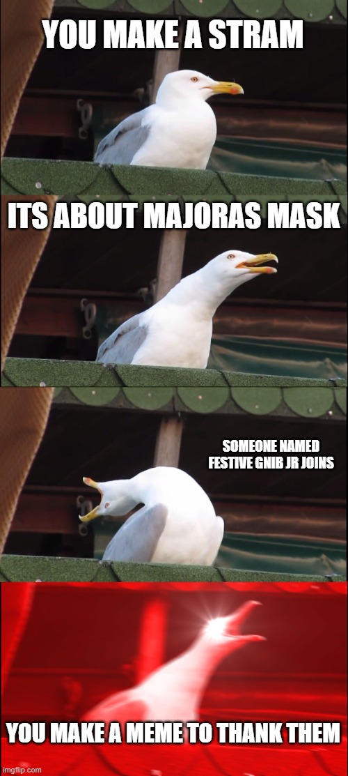 Inhaling Seagull | YOU MAKE A STRAM; ITS ABOUT MAJORAS MASK; SOMEONE NAMED FESTIVE GNIB JR JOINS; YOU MAKE A MEME TO THANK THEM | image tagged in memes,inhaling seagull | made w/ Imgflip meme maker