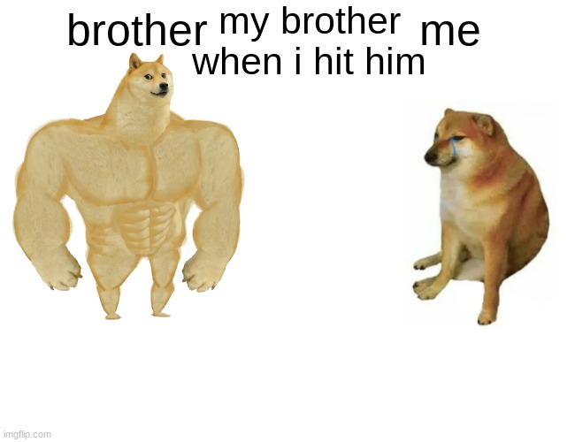 hitting ur brother be like | my brother when i hit him; brother; me | image tagged in memes,buff doge vs cheems | made w/ Imgflip meme maker