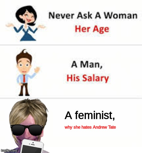 Never ask a woman her age | A feminist, why she hates Andrew Tate | image tagged in never ask a woman her age | made w/ Imgflip meme maker
