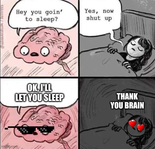 Brain is finally respectful | OK, I'LL LET YOU SLEEP; THANK YOU BRAIN | image tagged in waking up brain | made w/ Imgflip meme maker