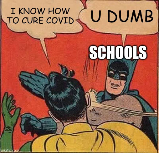 schools | I KNOW HOW TO CURE COVID; U DUMB; SCHOOLS | image tagged in memes,batman slapping robin | made w/ Imgflip meme maker
