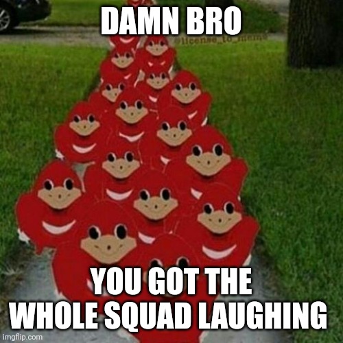 Yes | DAMN BRO; YOU GOT THE WHOLE SQUAD LAUGHING | image tagged in ugandan knuckles army | made w/ Imgflip meme maker