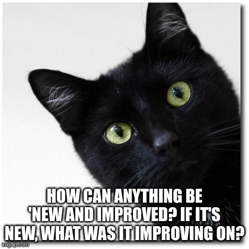 Black Cats Matter |  HOW CAN ANYTHING BE 'NEW AND IMPROVED? IF IT'S NEW, WHAT WAS IT IMPROVING ON? | image tagged in black cats matter | made w/ Imgflip meme maker
