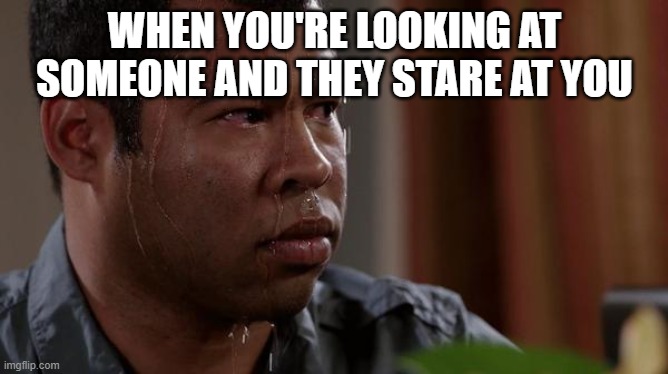 oh god | WHEN YOU'RE LOOKING AT SOMEONE AND THEY STARE AT YOU | image tagged in sweating bullets,relatable,memes | made w/ Imgflip meme maker