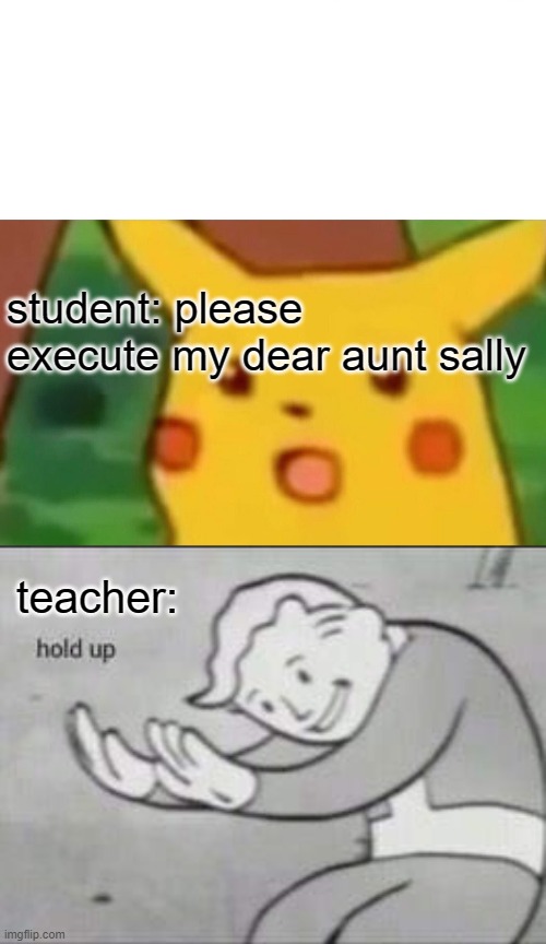  student: please execute my dear aunt sally; teacher: | image tagged in memes,surprised pikachu,fallout hold up | made w/ Imgflip meme maker