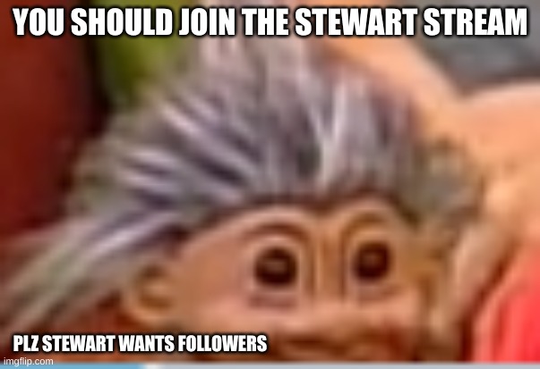 stewart is one of those wooden trolls so- JOIN | YOU SHOULD JOIN THE STEWART STREAM; PLZ STEWART WANTS FOLLOWERS | image tagged in stewart,join stewart | made w/ Imgflip meme maker