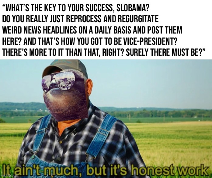 *goes back to tending fields, refuses to elaborate* | “What’s the key to your success, Slobama? Do you really just reprocess and regurgitate weird news headlines on a daily basis and post them here? And that’s how you got to be Vice-President? There’s more to it than that, right? Surely There must be?” | image tagged in sloth it ain t much but it s honest work,s,l,o,t,h | made w/ Imgflip meme maker