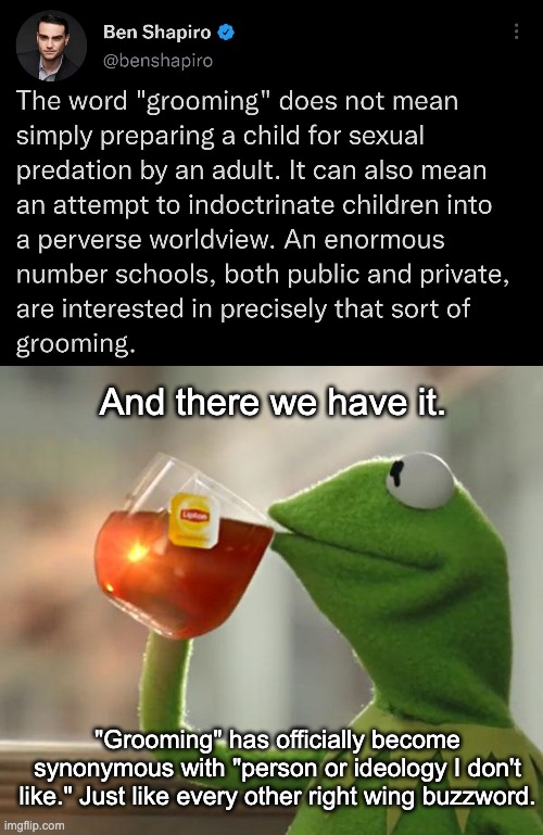 Thanks for giving the game away, Ben. | And there we have it. "Grooming" has officially become synonymous with "person or ideology I don't like." Just like every other right wing buzzword. | image tagged in memes,but that's none of my business,ben shapiro,lgbtq,groomer | made w/ Imgflip meme maker