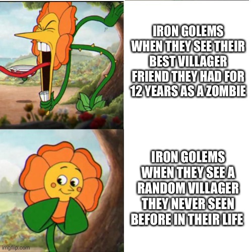 Iron golems be like 2 | IRON GOLEMS WHEN THEY SEE THEIR BEST VILLAGER FRIEND THEY HAD FOR 12 YEARS AS A ZOMBIE; IRON GOLEMS WHEN THEY SEE A RANDOM VILLAGER THEY NEVER SEEN BEFORE IN THEIR LIFE | image tagged in cuphead flower,iron golems,minecraft | made w/ Imgflip meme maker