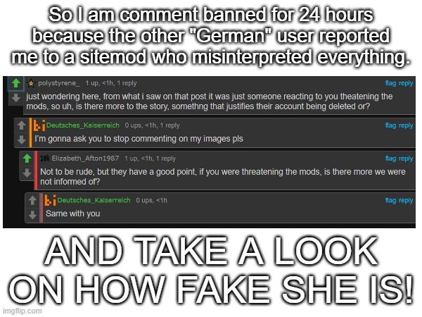 And she is also being manipulative in lgbtq link: https://imgflip.com/i/73l475?nerp=1670544352#com22630362 | So I am comment banned for 24 hours because the other "German" user reported me to a sitemod who misinterpreted everything. AND TAKE A LOOK ON HOW FAKE SHE IS! | made w/ Imgflip meme maker