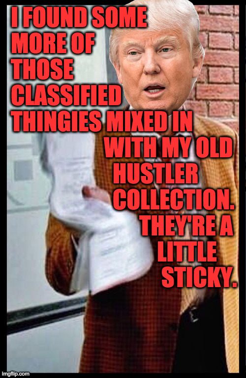 How nice. | I FOUND SOME
MORE OF
THOSE
CLASSIFIED
THINGIES MIXED IN
                     WITH MY OLD
                       HUSTLER
                       COLLECTION.
                             THEY'RE A
                                 LITTLE
                                  STICKY. | image tagged in memes,sticky,trump | made w/ Imgflip meme maker
