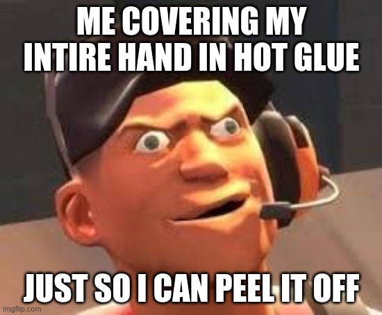hog tloo | ME COVERING MY INTIRE HAND IN HOT GLUE; JUST SO I CAN PEEL IT OFF | image tagged in dumb meme | made w/ Imgflip meme maker