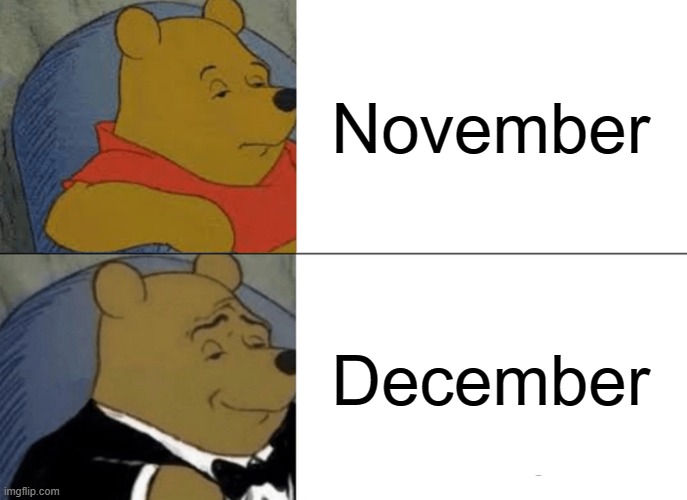 Probably no diff | November; December | image tagged in memes,tuxedo winnie the pooh | made w/ Imgflip meme maker