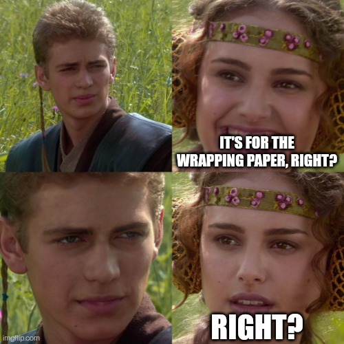 anikin padme | IT'S FOR THE WRAPPING PAPER, RIGHT? RIGHT? | image tagged in anikin padme | made w/ Imgflip meme maker