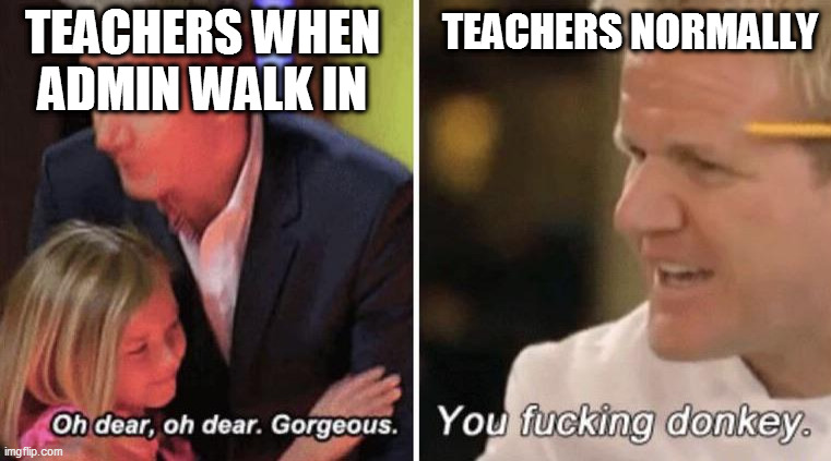 teachers | TEACHERS WHEN ADMIN WALK IN; TEACHERS NORMALLY | image tagged in gordan ramsey with kids,school | made w/ Imgflip meme maker