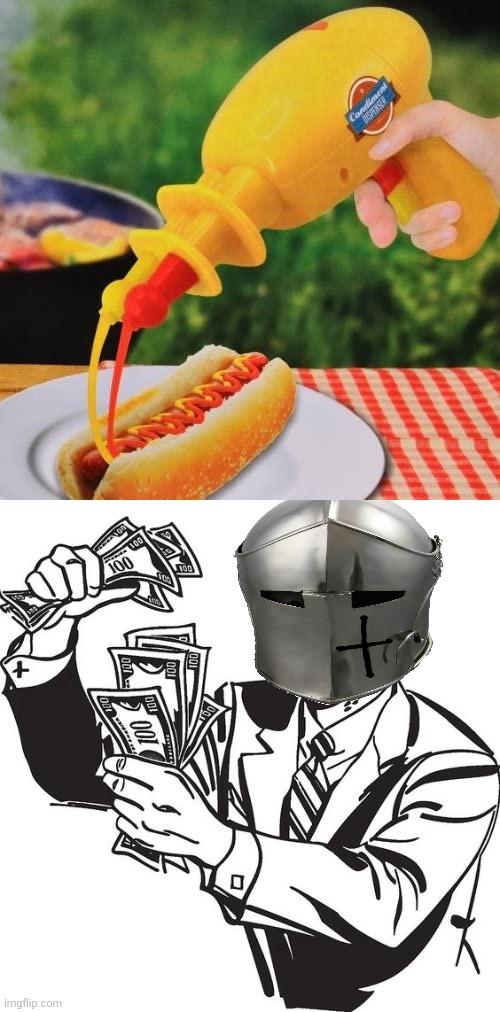 Mustard Ketchup gun | image tagged in shut up and take my money crusader,reposts,repost,memes,ketchup,mustard | made w/ Imgflip meme maker