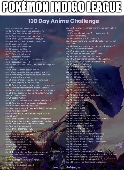 100 day anime challenge | POKÉMON INDIGO LEAGUE | image tagged in 100 day anime challenge | made w/ Imgflip meme maker