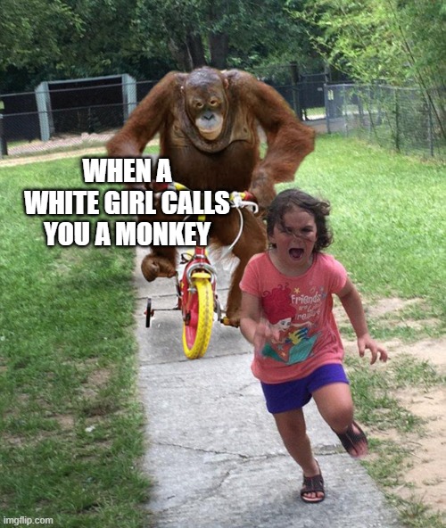 Orangutan chasing girl on a tricycle | WHEN A WHITE GIRL CALLS YOU A MONKEY | image tagged in orangutan chasing girl on a tricycle | made w/ Imgflip meme maker