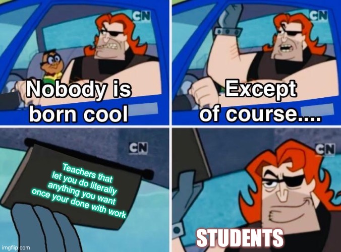 Nobody is born cool | Teachers that let you do literally anything you want once your done with work; STUDENTS | image tagged in nobody is born cool | made w/ Imgflip meme maker