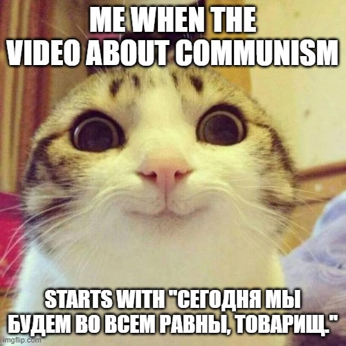 Smiling Cat Meme | ME WHEN THE VIDEO ABOUT COMMUNISM STARTS WITH "СЕГОДНЯ МЫ БУДЕМ ВО ВСЕМ РАВНЫ, ТОВАРИЩ." | image tagged in memes,smiling cat | made w/ Imgflip meme maker