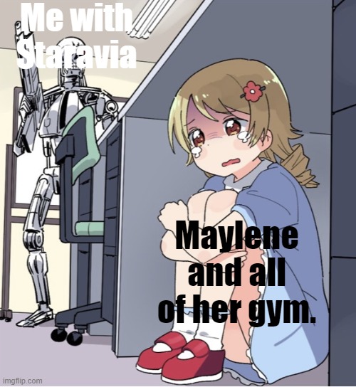 Anime Girl Hiding from Terminator | Me with Staravia; Maylene and all of her gym. | image tagged in anime girl hiding from terminator | made w/ Imgflip meme maker