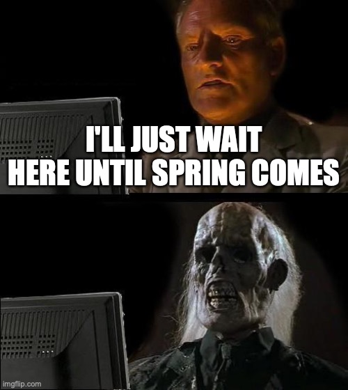 I'm gonna be waiting a while! | I'LL JUST WAIT HERE UNTIL SPRING COMES | image tagged in memes,i'll just wait here,snow,winter,spring,south dakota | made w/ Imgflip meme maker
