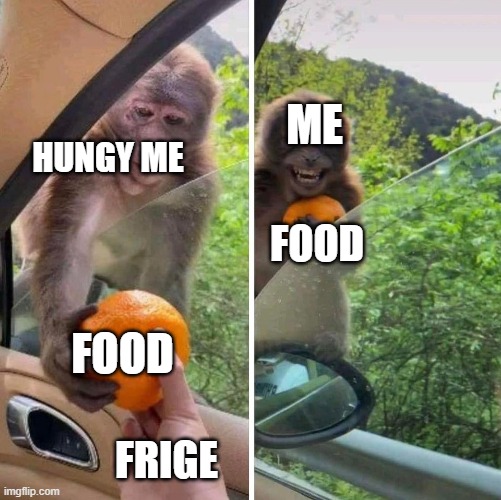 owage umum | ME; HUNGY ME; FOOD; FOOD; FRIGE | image tagged in monkey getting an orange | made w/ Imgflip meme maker