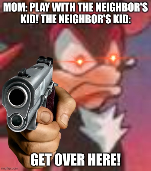 Shadow has your ip address :) ( don't as why i gave this meme such a title) | MOM: PLAY WITH THE NEIGHBOR'S KID! THE NEIGHBOR'S KID:; GET OVER HERE! | image tagged in shadow the hedgehog | made w/ Imgflip meme maker