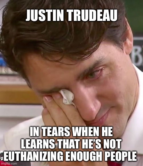 Euthanized Canadians | JUSTIN TRUDEAU; IN TEARS WHEN HE LEARNS THAT HE’S NOT EUTHANIZING ENOUGH PEOPLE | image tagged in justin trudeau crying | made w/ Imgflip meme maker