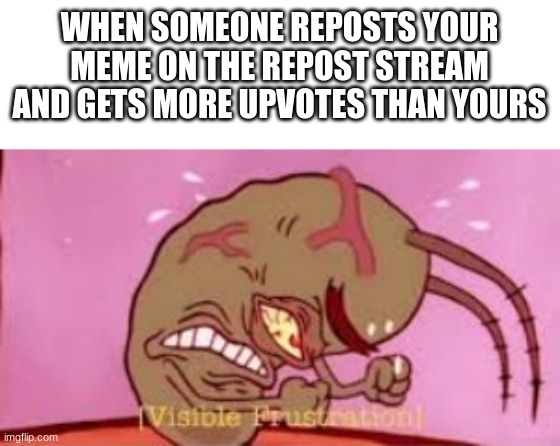 Gosh I hate it | WHEN SOMEONE REPOSTS YOUR MEME ON THE REPOST STREAM AND GETS MORE UPVOTES THAN YOURS | image tagged in visible frustration | made w/ Imgflip meme maker