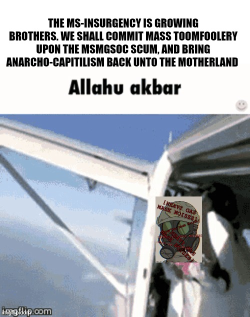 THE MS-INSURGENCY IS GROWING BROTHERS. WE SHALL COMMIT MASS TOOMFOOLERY UPON THE MSMGSOC SCUM, AND BRING ANARCHO-CAPITILISM BACK UNTO THE MOTHERLAND | made w/ Imgflip meme maker
