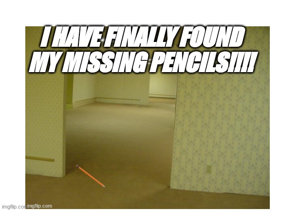 I HAVE FINALLY FOUND MY MISSING PENCILS | I HAVE FINALLY FOUND MY MISSING PENCILS!!!! | image tagged in the backrooms,memes,pencil,funny memes,funny | made w/ Imgflip meme maker