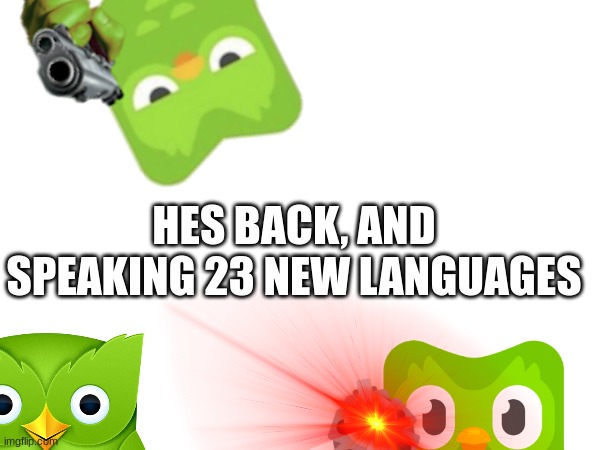 Run | HES BACK, AND SPEAKING 23 NEW LANGUAGES | image tagged in duolingo,hello god he's here | made w/ Imgflip meme maker