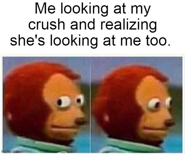 Monkey Puppet | Me looking at my crush and realizing she's looking at me too. | image tagged in memes,monkey puppet | made w/ Imgflip meme maker
