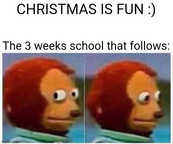 Christmas | CHRISTMAS IS FUN :); The 3 weeks school that follows: | image tagged in memes,monkey puppet | made w/ Imgflip meme maker