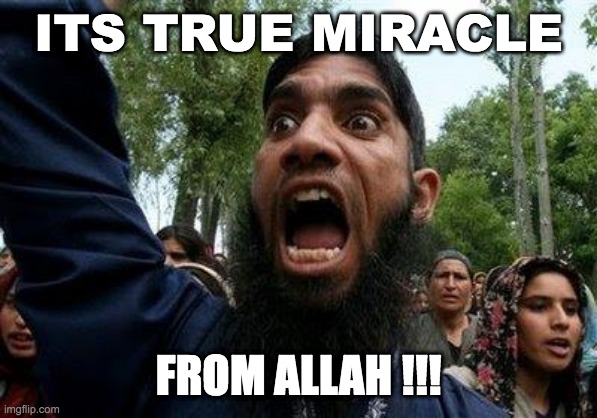 miracle from allah | ITS TRUE MIRACLE; FROM ALLAH !!! | image tagged in angry muslim | made w/ Imgflip meme maker
