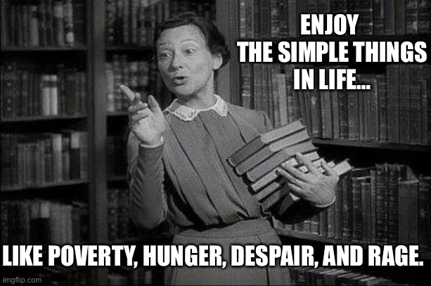Wealthy Librarian | ENJOY 
THE SIMPLE THINGS
IN LIFE…; LIKE POVERTY, HUNGER, DESPAIR, AND RAGE. | image tagged in wealthy librarian | made w/ Imgflip meme maker