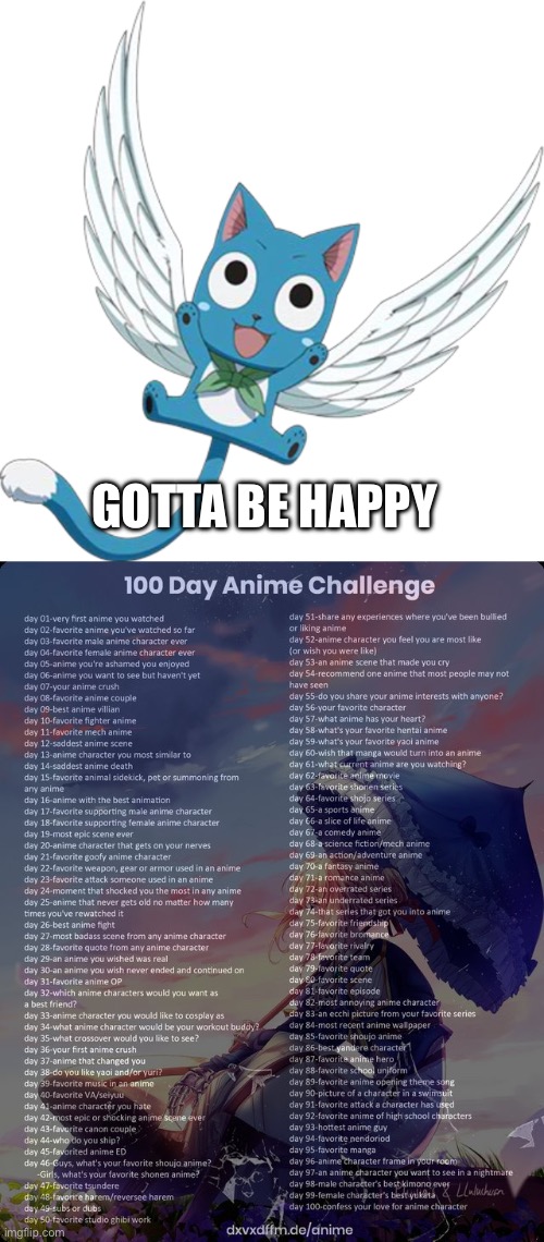 Day 15: aye | GOTTA BE HAPPY | image tagged in 100 day anime challenge | made w/ Imgflip meme maker