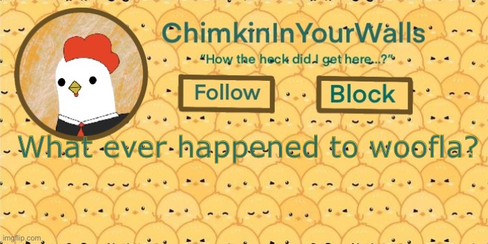 ChimkinInYourWalls announcement template! | What ever happened to woofla? | image tagged in chimkininyourwalls announcement template | made w/ Imgflip meme maker