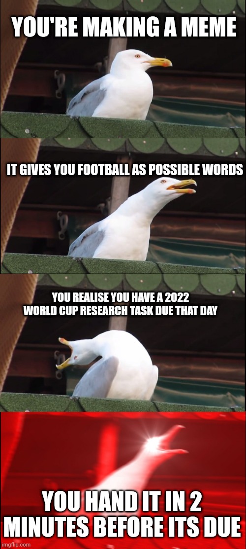 True story | YOU'RE MAKING A MEME; IT GIVES YOU FOOTBALL AS POSSIBLE WORDS; YOU REALISE YOU HAVE A 2022 WORLD CUP RESEARCH TASK DUE THAT DAY; YOU HAND IT IN 2 MINUTES BEFORE ITS DUE | image tagged in memes,inhaling seagull | made w/ Imgflip meme maker