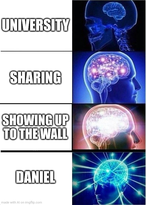 Damn Daniel | UNIVERSITY; SHARING; SHOWING UP TO THE WALL; DANIEL | image tagged in memes,expanding brain | made w/ Imgflip meme maker