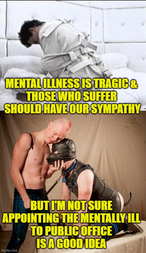 Patients Running the Asylum | MENTAL ILLNESS IS TRAGIC &
THOSE WHO SUFFER
 SHOULD HAVE OUR SYMPATHY; BUT I'M NOT SURE
APPOINTING THE MENTALLY ILL
TO PUBLIC OFFICE
IS A GOOD IDEA | made w/ Imgflip meme maker