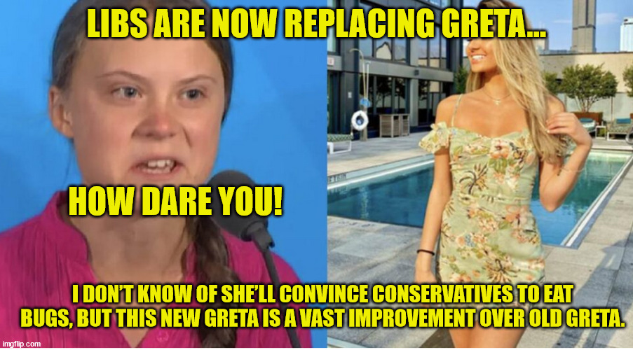 Greta is being replaced... | LIBS ARE NOW REPLACING GRETA... HOW DARE YOU! I DON’T KNOW OF SHE’LL CONVINCE CONSERVATIVES TO EAT BUGS, BUT THIS NEW GRETA IS A VAST IMPROVEMENT OVER OLD GRETA. | image tagged in greta thunberg how dare you | made w/ Imgflip meme maker