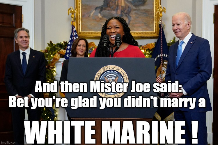 And they all Laughed, and LAUGHED ! | And then Mister Joe said:
Bet you're glad you didn't marry a; WHITE MARINE ! | image tagged in anti american commander in thief | made w/ Imgflip meme maker