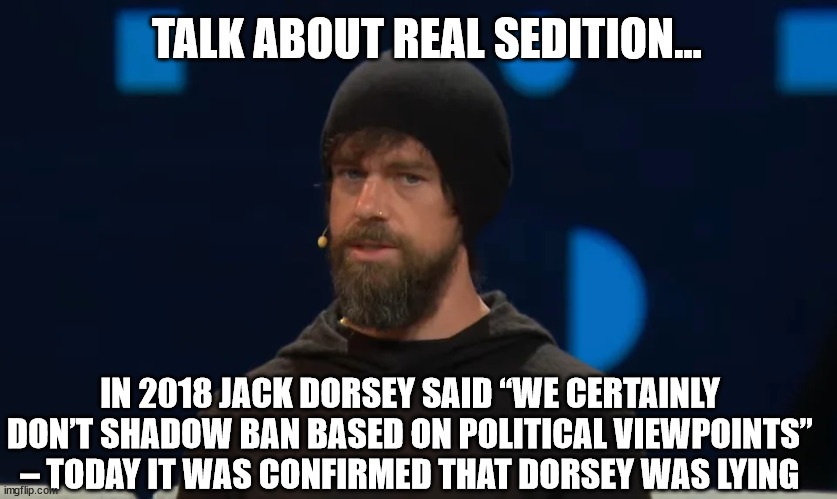 Talk about sedition... | TALK ABOUT REAL SEDITION... IN 2018 JACK DORSEY SAID “WE CERTAINLY DON’T SHADOW BAN BASED ON POLITICAL VIEWPOINTS” – TODAY IT WAS CONFIRMED THAT DORSEY WAS LYING | image tagged in corrupt,social media,biased media | made w/ Imgflip meme maker