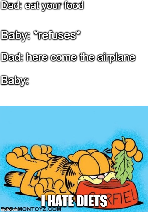 diets be like... | Dad: eat your food; Baby: *refuses*; Dad: here come the airplane; Baby:; I HATE DIETS | image tagged in garfield on a diet | made w/ Imgflip meme maker