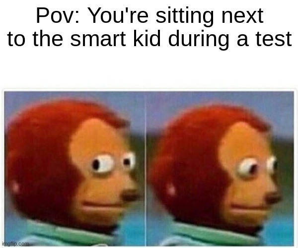 Monkey Puppet Meme | Pov: You're sitting next to the smart kid during a test | image tagged in memes,monkey puppet,pov | made w/ Imgflip meme maker