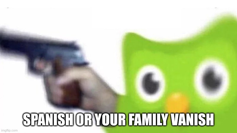 duolingo gun | SPANISH OR YOUR FAMILY VANISH | image tagged in duolingo gun | made w/ Imgflip meme maker
