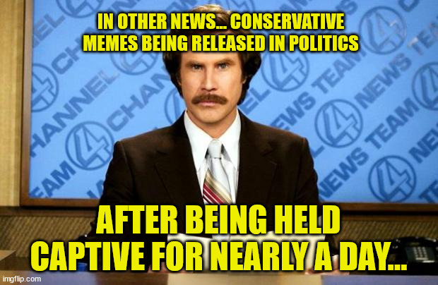 In other news... | IN OTHER NEWS... CONSERVATIVE MEMES BEING RELEASED IN POLITICS; AFTER BEING HELD CAPTIVE FOR NEARLY A DAY... | image tagged in breaking news | made w/ Imgflip meme maker